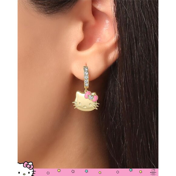 Hello Kitty Gold Hoop Earrings with Pave Crystals, Pink Enamel Bow, 18k Gold Fin - Picture 3 of 6